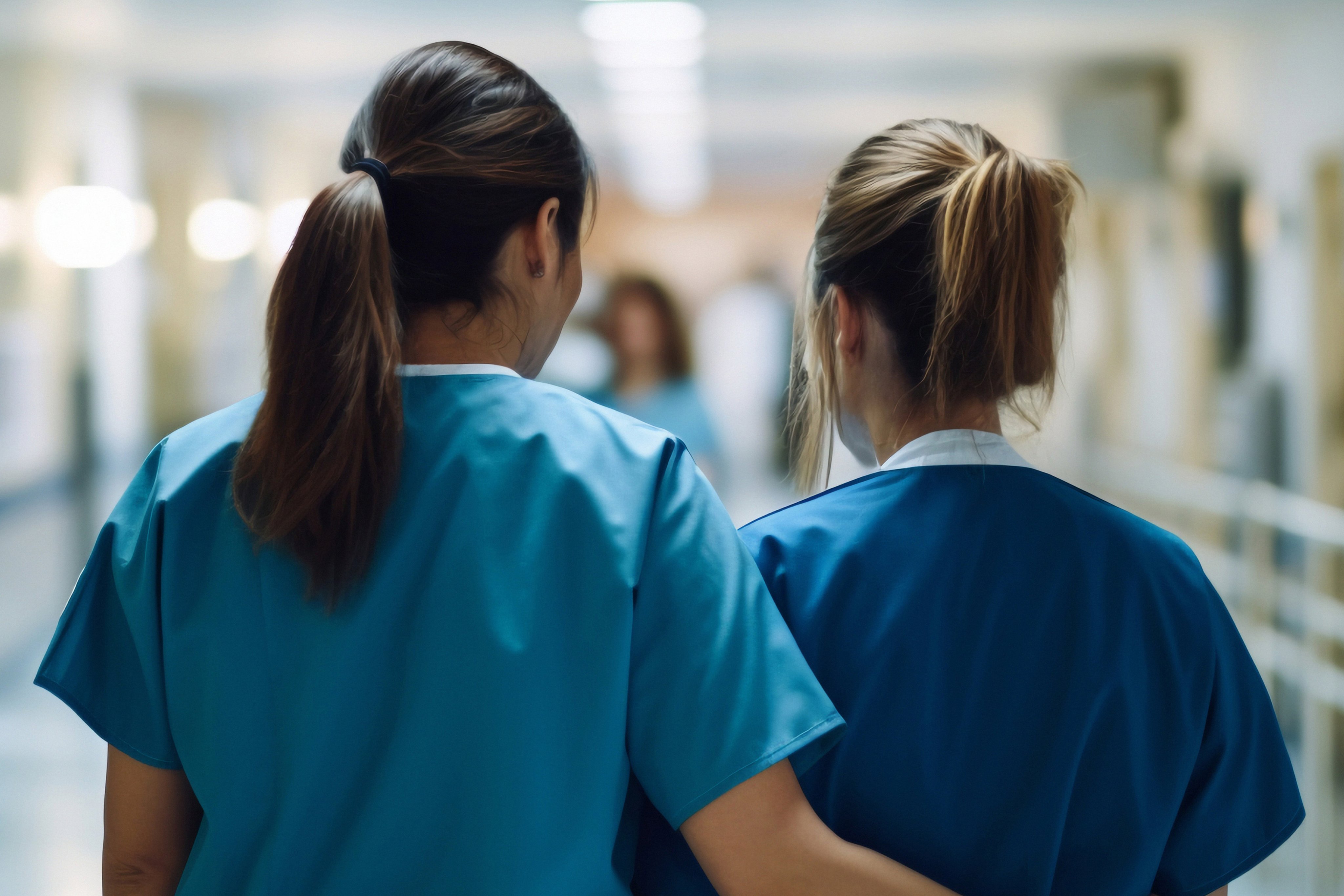 Medical professionals in hospital corridor